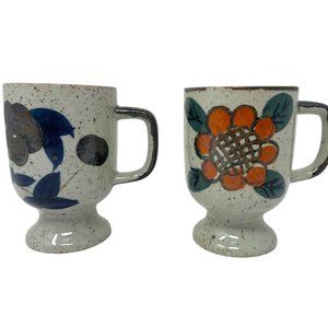 Vintage Otagiri Pedestal Stoneware Floral Speckled Mugs 70s Blue Orange Gray